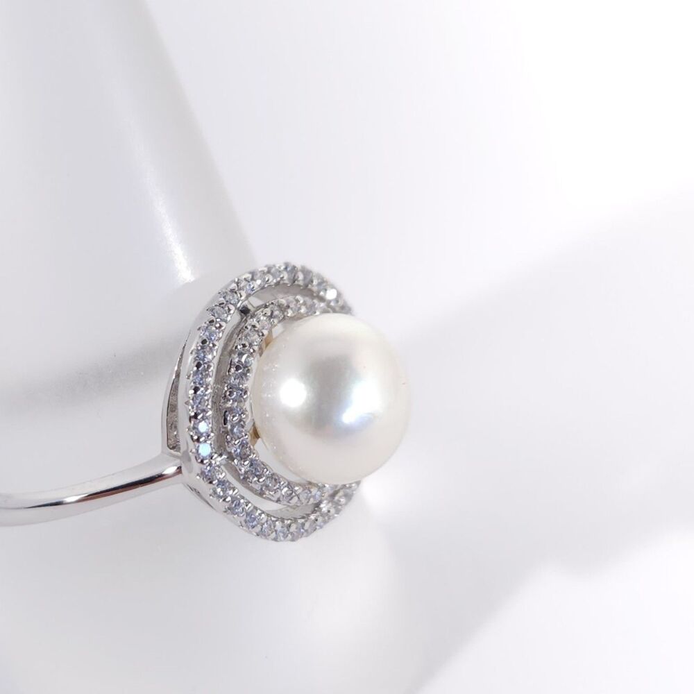 Freshwater Pearl White with White CZs Ring Sterling Silver Size 6.25